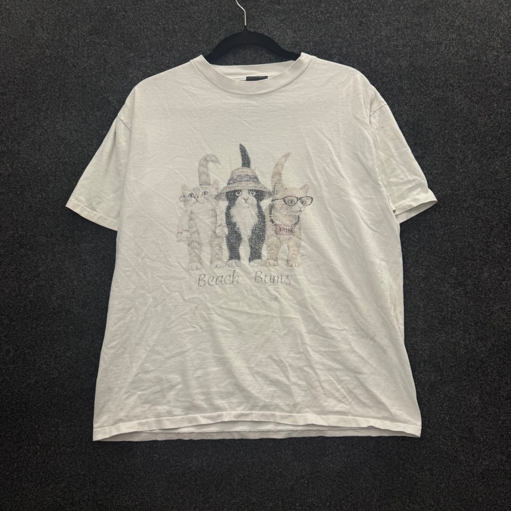 Vintage 90s Robert Allan Beach Bums Cat Graphic T-Shirt White Single Stitch L